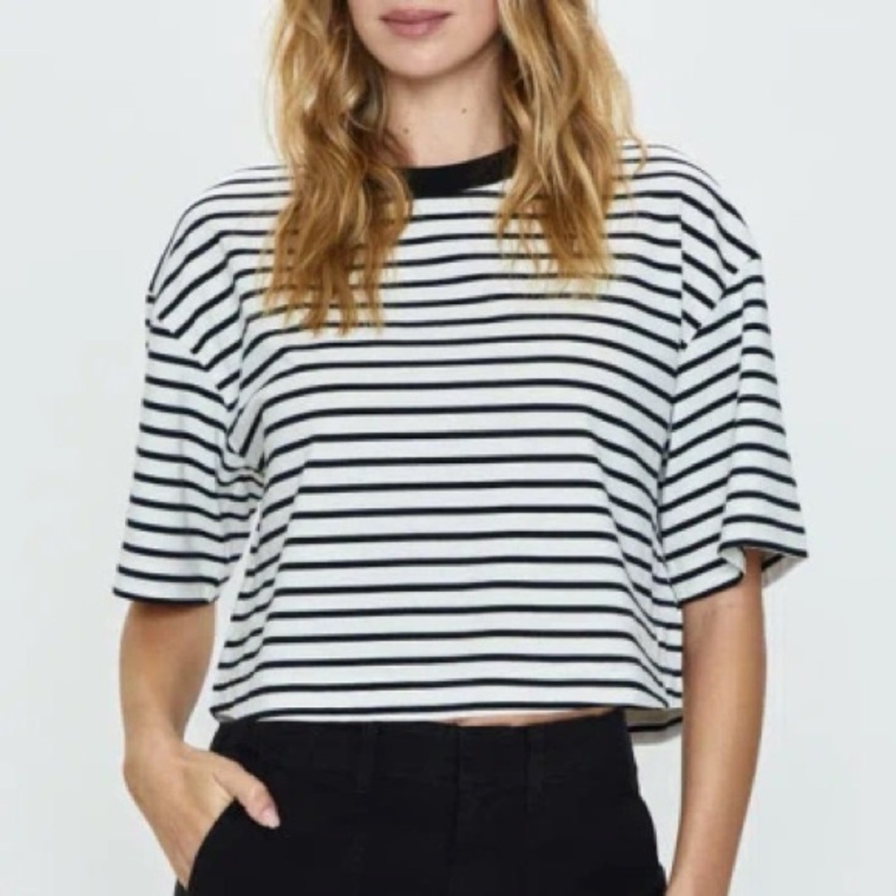 Pistola Mae Striped Cropped Tee – Black & White – Size Large